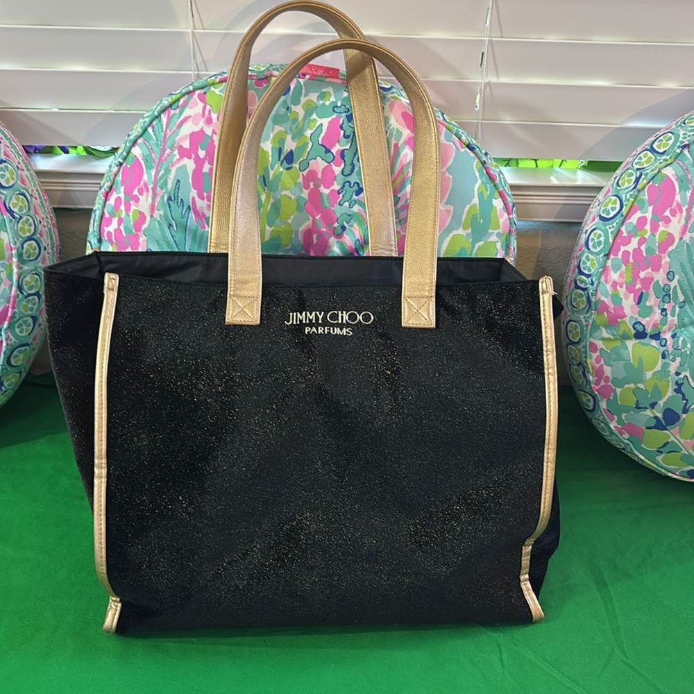 Jimmy Choo black velvet fabric with gold sparkle tote
